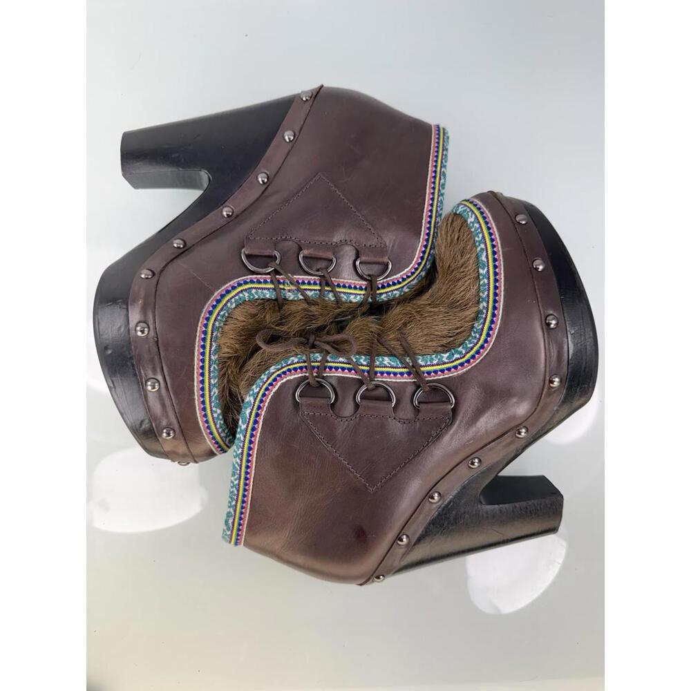 Sigerson Morrison Eskimo Brown Leather Fur Platform Heels Size 7 Boho Luxe Indie - Picture 8 of 9